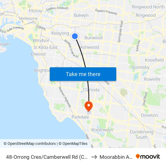 48-Orrong Cres/Camberwell Rd (Camberwell) to Moorabbin Airport map