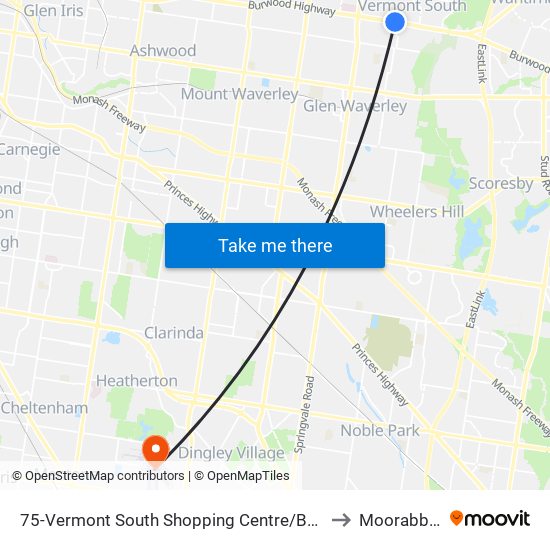 75-Vermont South Shopping Centre/Burwood Hwy (Vermont South) to Moorabbin Airport map