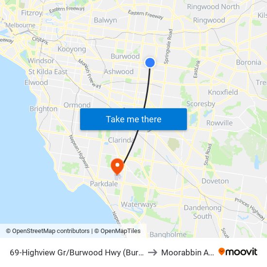 69-Highview Gr/Burwood Hwy (Burwood East) to Moorabbin Airport map