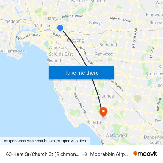 63-Kent St/Church St (Richmond) to Moorabbin Airport map