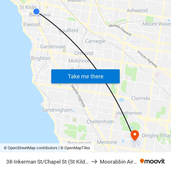 38-Inkerman St/Chapel St (St Kilda East) to Moorabbin Airport map