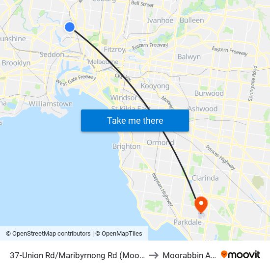 37-Union Rd/Maribyrnong Rd (Moonee Ponds) to Moorabbin Airport map