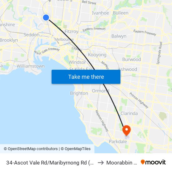 34-Ascot Vale Rd/Maribyrnong Rd (Moonee Ponds) to Moorabbin Airport map