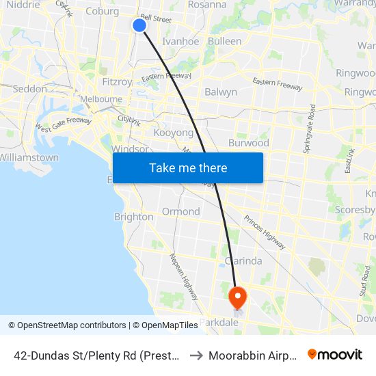 42-Dundas St/Plenty Rd (Preston) to Moorabbin Airport map