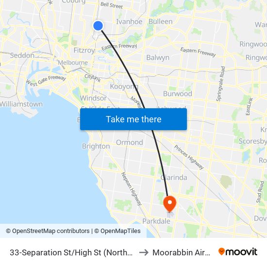 33-Separation St/High St (Northcote) to Moorabbin Airport map