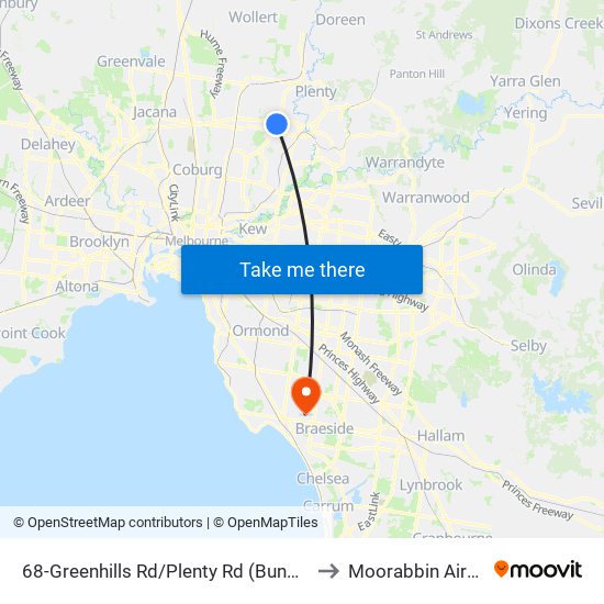 68-Greenhills Rd/Plenty Rd (Bundoora) to Moorabbin Airport map
