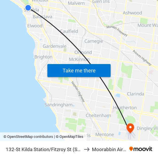 132-St Kilda Station/Fitzroy St (St Kilda) to Moorabbin Airport map