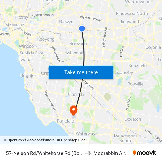 57-Nelson Rd/Whitehorse Rd (Box Hill) to Moorabbin Airport map
