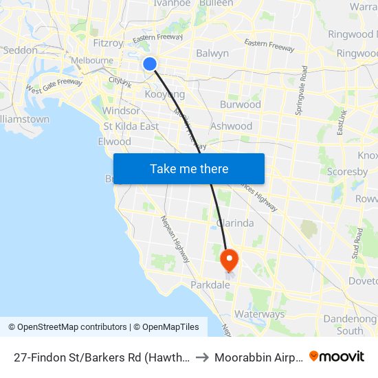 27-Findon St/Barkers Rd (Hawthorn) to Moorabbin Airport map