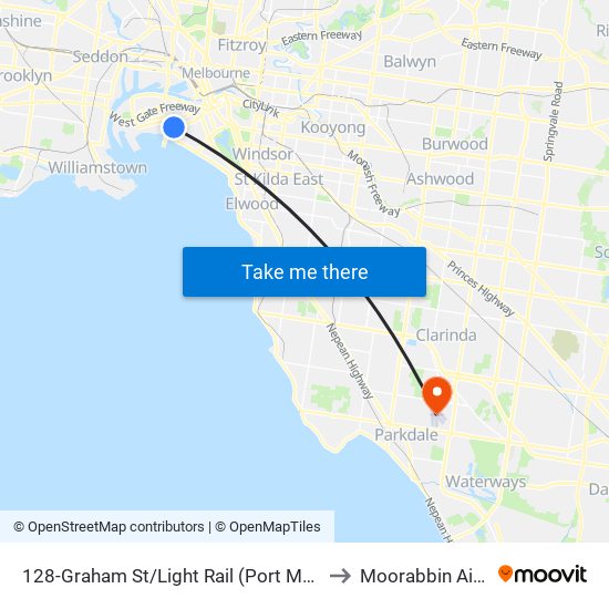 128-Graham St/Light Rail (Port Melbourne) to Moorabbin Airport map