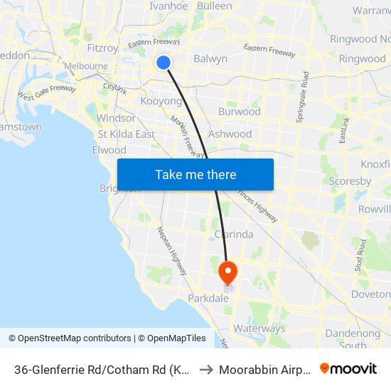 36-Glenferrie Rd/Cotham Rd (Kew) to Moorabbin Airport map