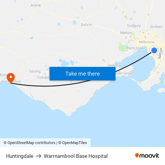 Huntingdale to Warrnambool Base Hospital map