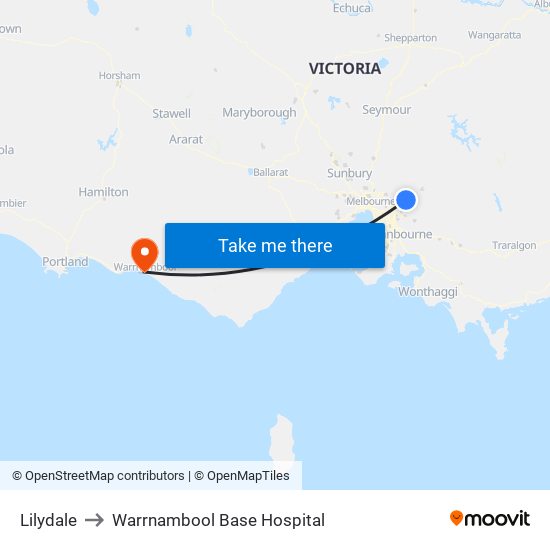 Lilydale to Warrnambool Base Hospital map