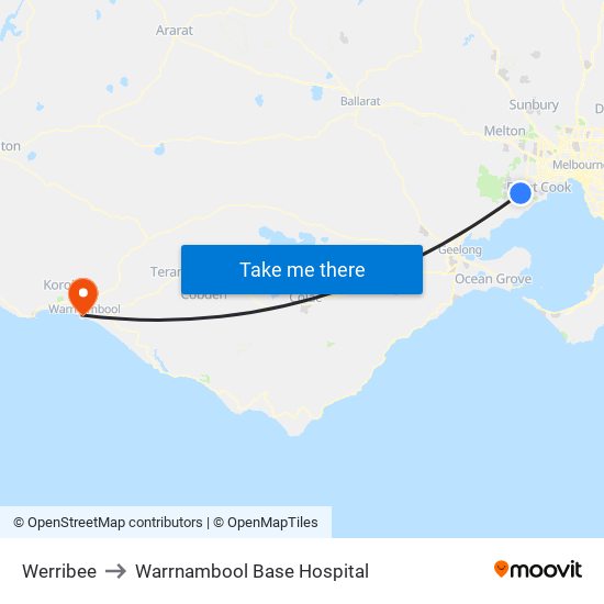 Werribee to Warrnambool Base Hospital map