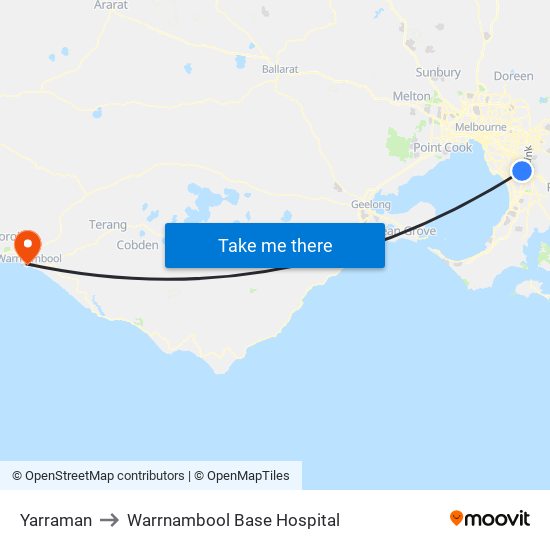 Yarraman to Warrnambool Base Hospital map