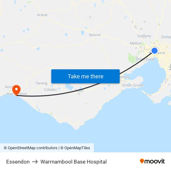 Essendon to Warrnambool Base Hospital map