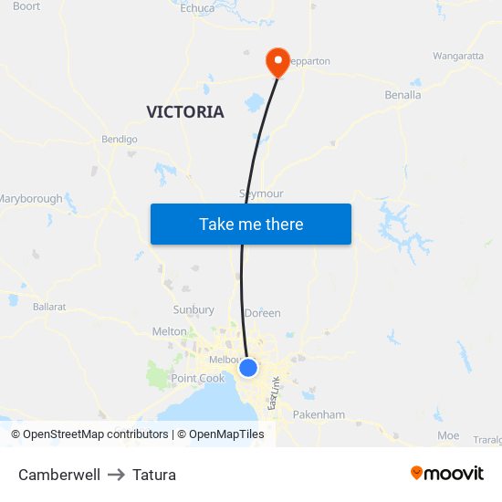 Camberwell to Tatura map