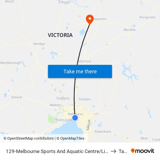 129-Melbourne Sports And Aquatic Centre/Light Rail (Middle Park) to Tatura map