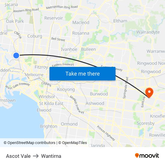 Ascot Vale to Wantirna map