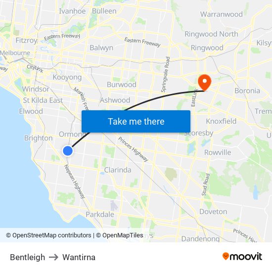 Bentleigh to Wantirna map