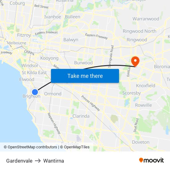 Gardenvale to Wantirna map