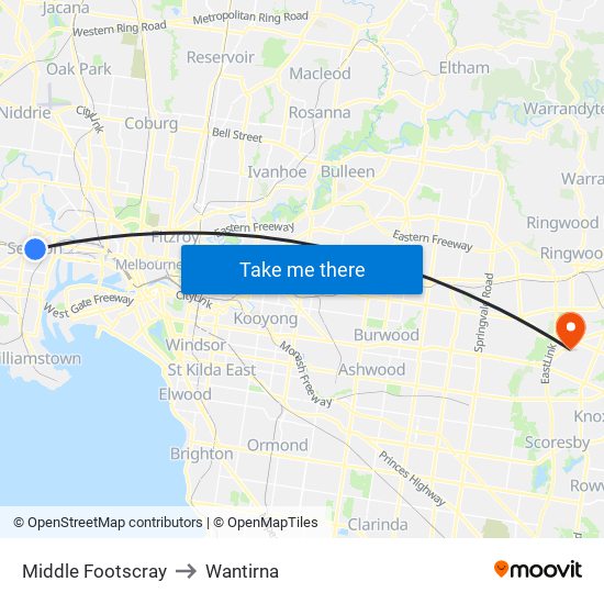 Middle Footscray to Wantirna map