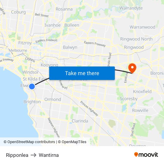 Ripponlea to Wantirna map