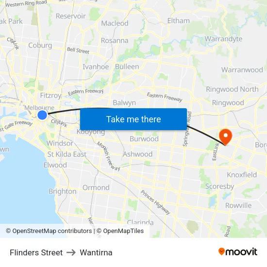 Flinders Street to Wantirna map