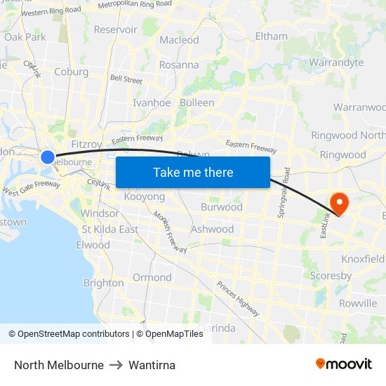 North Melbourne to Wantirna map