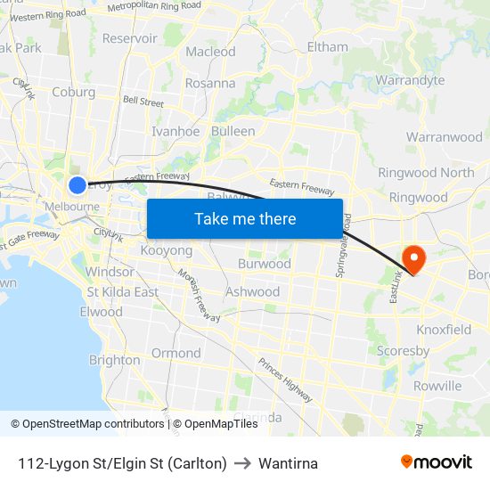 112-Lygon St/Elgin St (Carlton) to Wantirna map