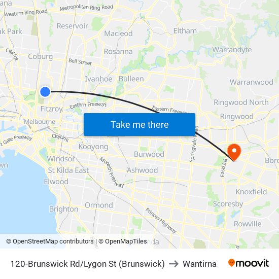 120-Brunswick Rd/Lygon St (Brunswick) to Wantirna map