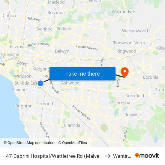 47-Cabrini Hospital/Wattletree Rd (Malvern) to Wantirna map