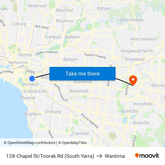 128-Chapel St/Toorak Rd (South Yarra) to Wantirna map