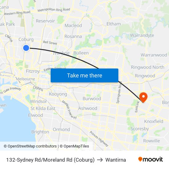 132-Sydney Rd/Moreland Rd (Coburg) to Wantirna map