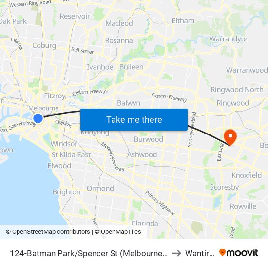 124-Batman Park/Spencer St (Melbourne City) to Wantirna map