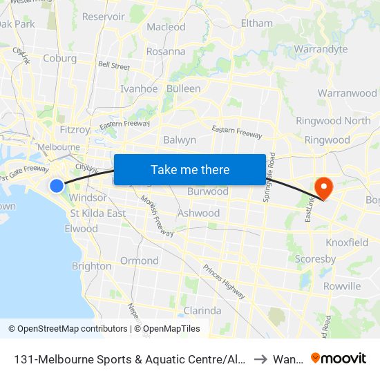 131-Melbourne Sports & Aquatic Centre/Albert Rd (Albert Park) to Wantirna map