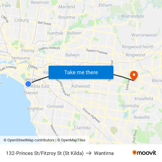 132-Princes St/Fitzroy St (St Kilda) to Wantirna map