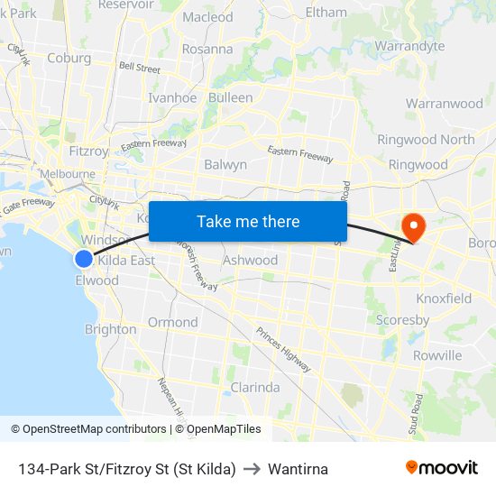 134-Park St/Fitzroy St (St Kilda) to Wantirna map