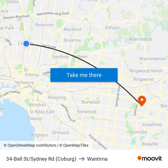 34-Bell St/Sydney Rd (Coburg) to Wantirna map