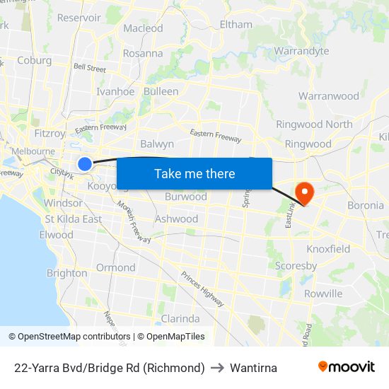 22-Yarra Bvd/Bridge Rd (Richmond) to Wantirna map