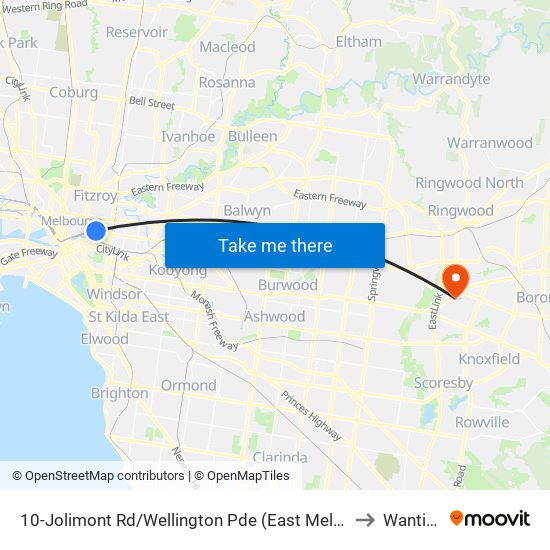 10-Jolimont Rd/Wellington Pde (East Melbourne) to Wantirna map
