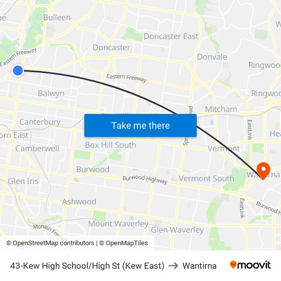 43-Kew High School/High St (Kew East) to Wantirna map