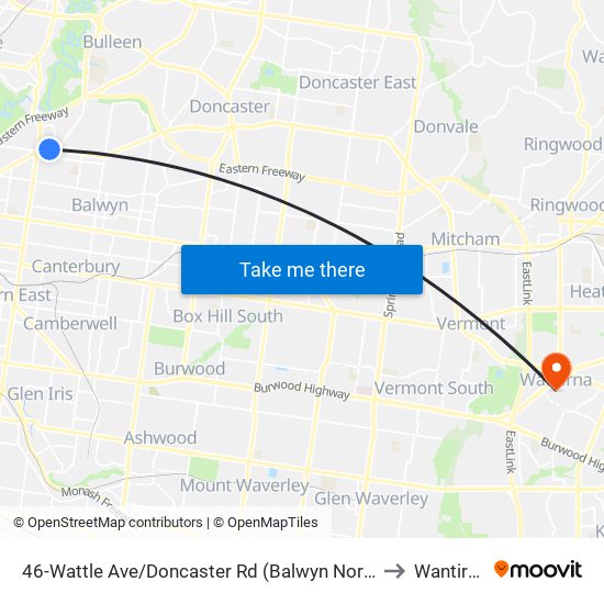 46-Wattle Ave/Doncaster Rd (Balwyn North) to Wantirna map