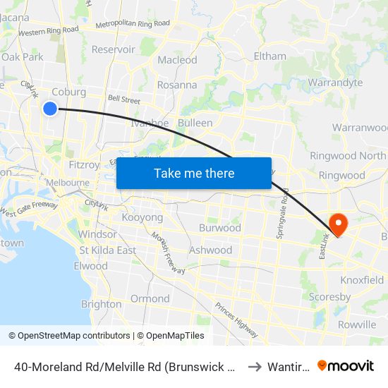 40-Moreland Rd/Melville Rd (Brunswick West) to Wantirna map