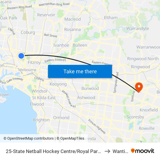 25-State Netball Hockey Centre/Royal Park (Parkville) to Wantirna map
