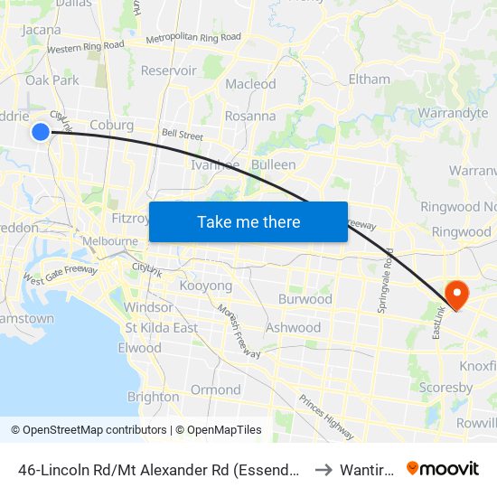 46-Lincoln Rd/Mt Alexander Rd (Essendon) to Wantirna map