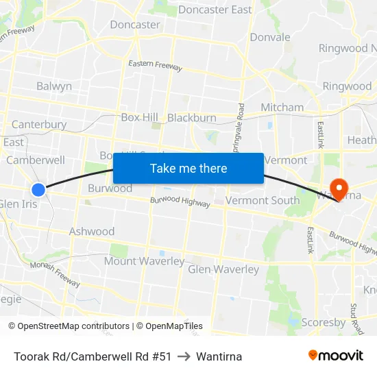Toorak Rd/Camberwell Rd #51 to Wantirna map
