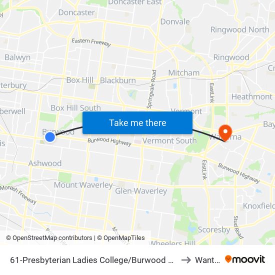 61-Presbyterian Ladies College/Burwood Hwy (Burwood) to Wantirna map