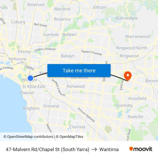 47-Malvern Rd/Chapel St (South Yarra) to Wantirna map