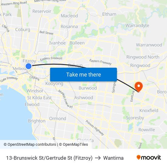 13-Brunswick St/Gertrude St (Fitzroy) to Wantirna map